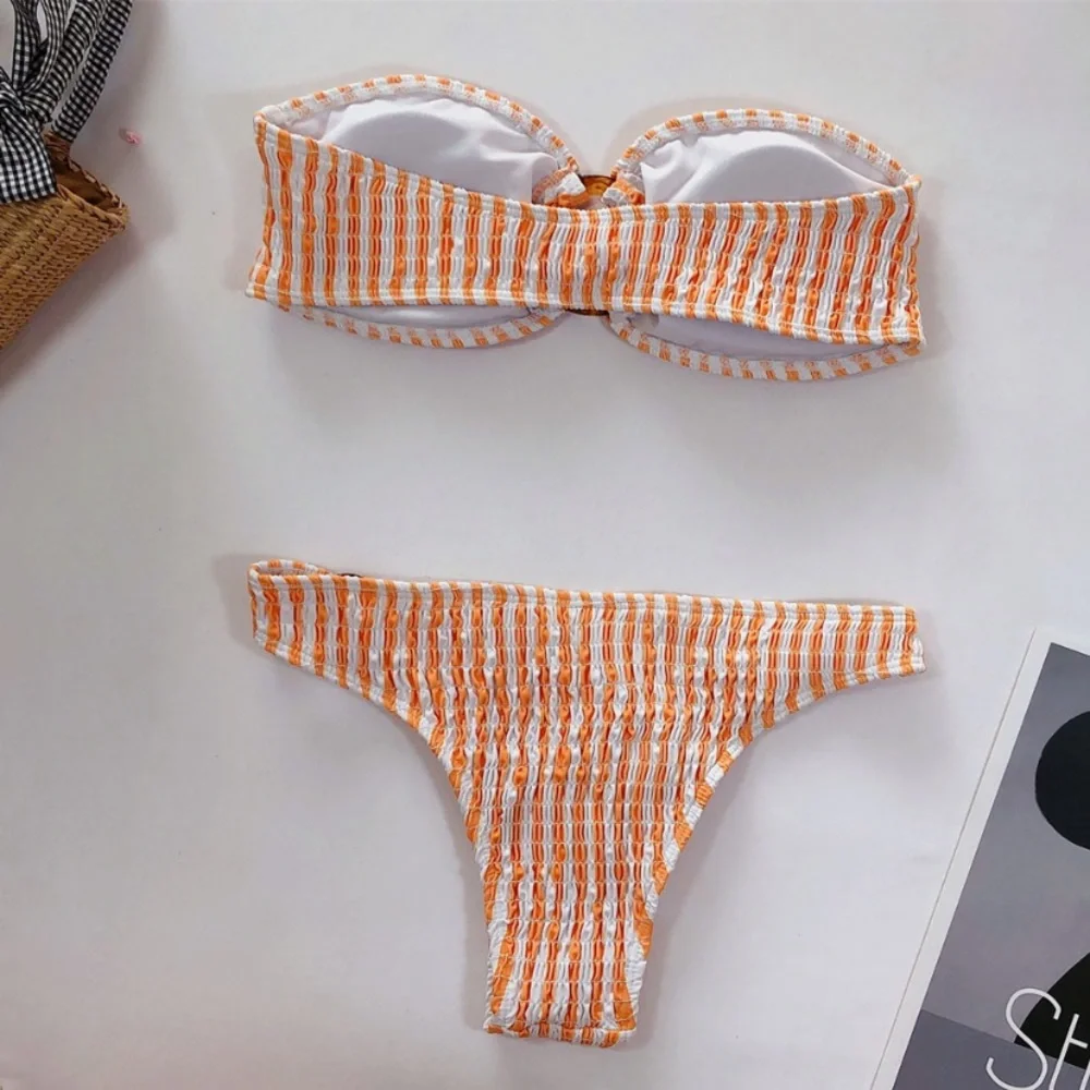 CLEARANCE Striped Elastic Smocked Strapless Bandeau Bikini - Picture 3 of 3